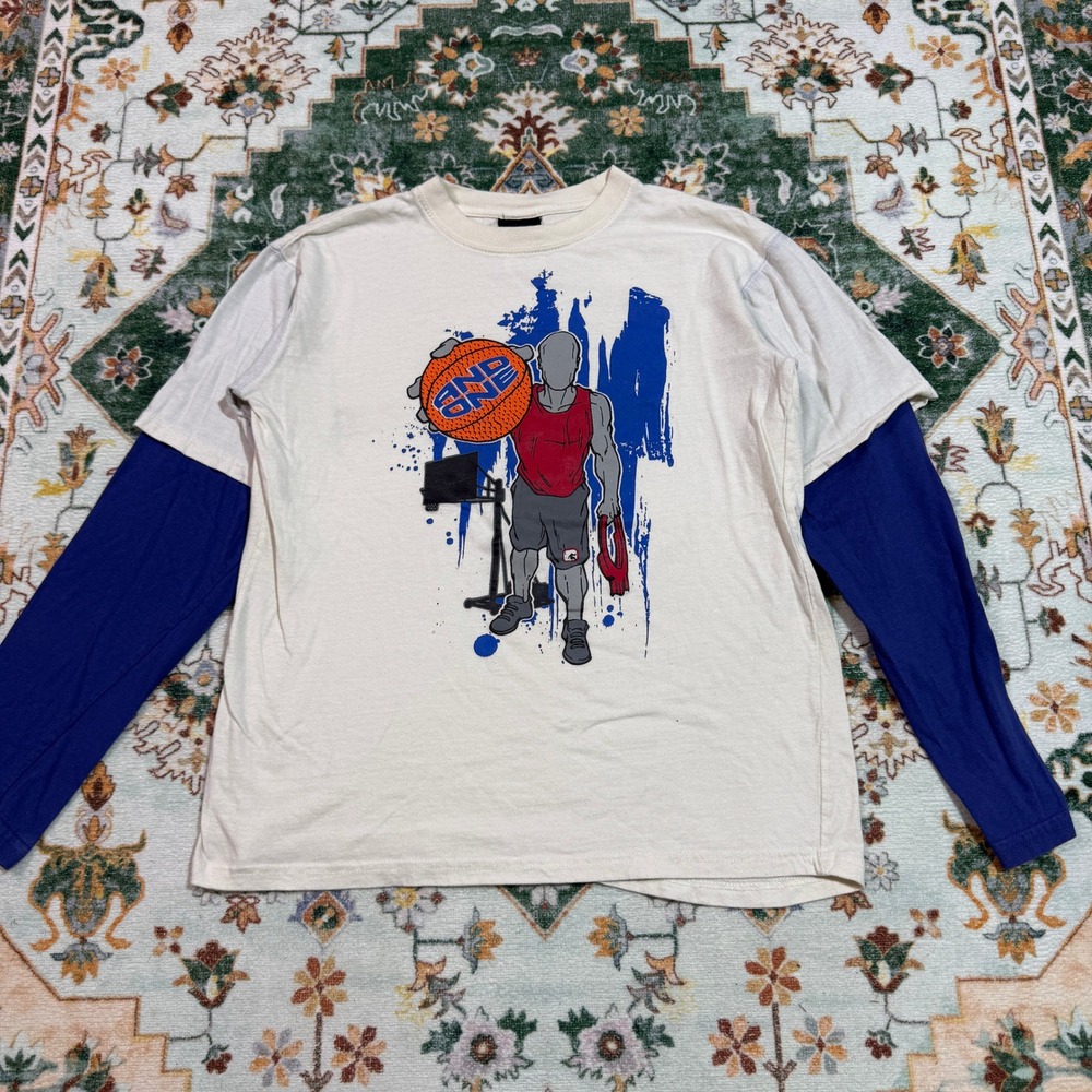 AND1 Boys Graphic T-Shirt Long Sleeve Basketball‎ Size L (14/16) Cream Blue